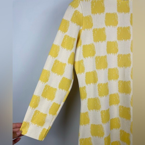 Vintage 60s 70s Amelia Gray Yellow Cream Checkered Long Sleeve Mock Neck Dress