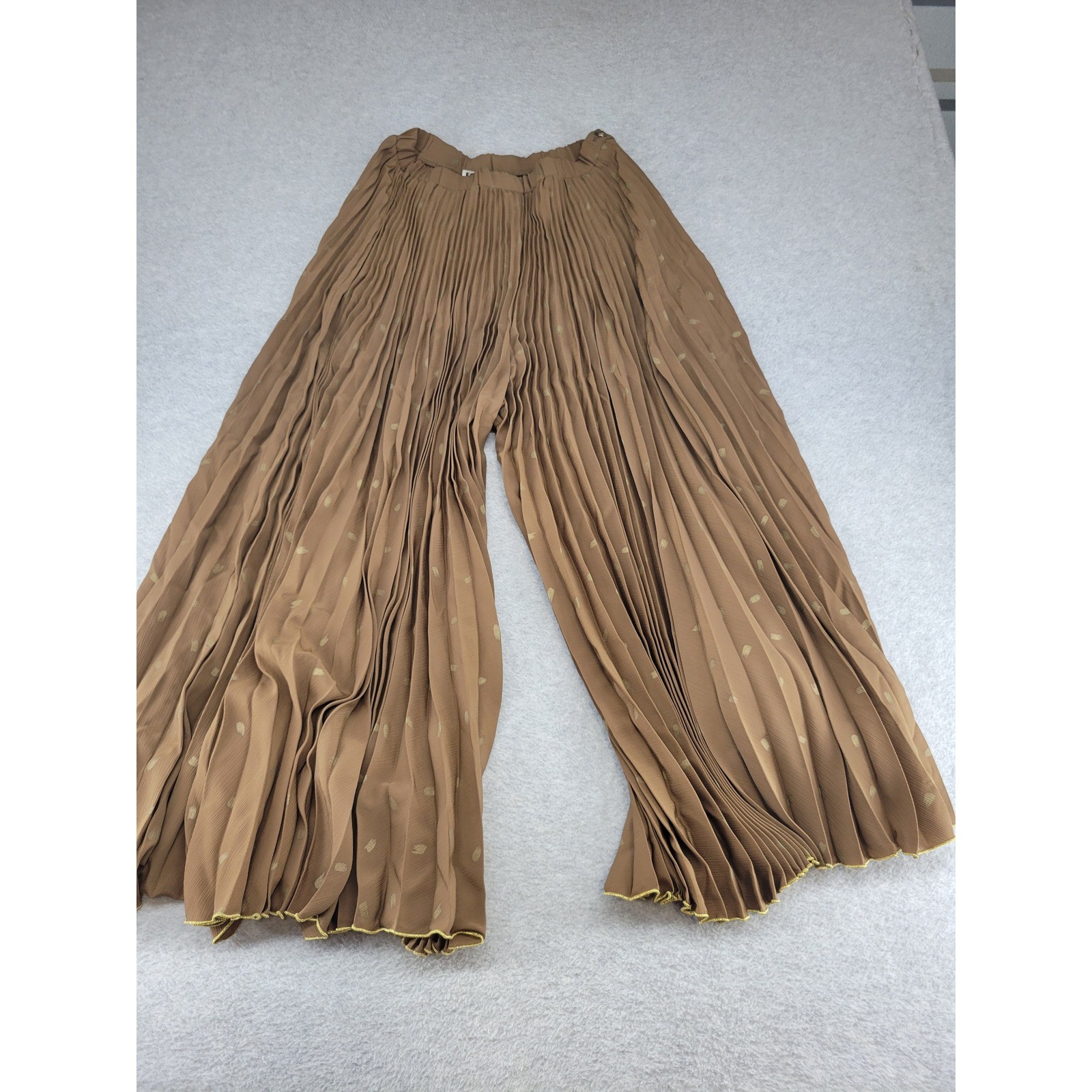 Jeanne Marc Vintage Brown Gold Pleated Palazzo Pants Wrap Top Set Size M 12/14