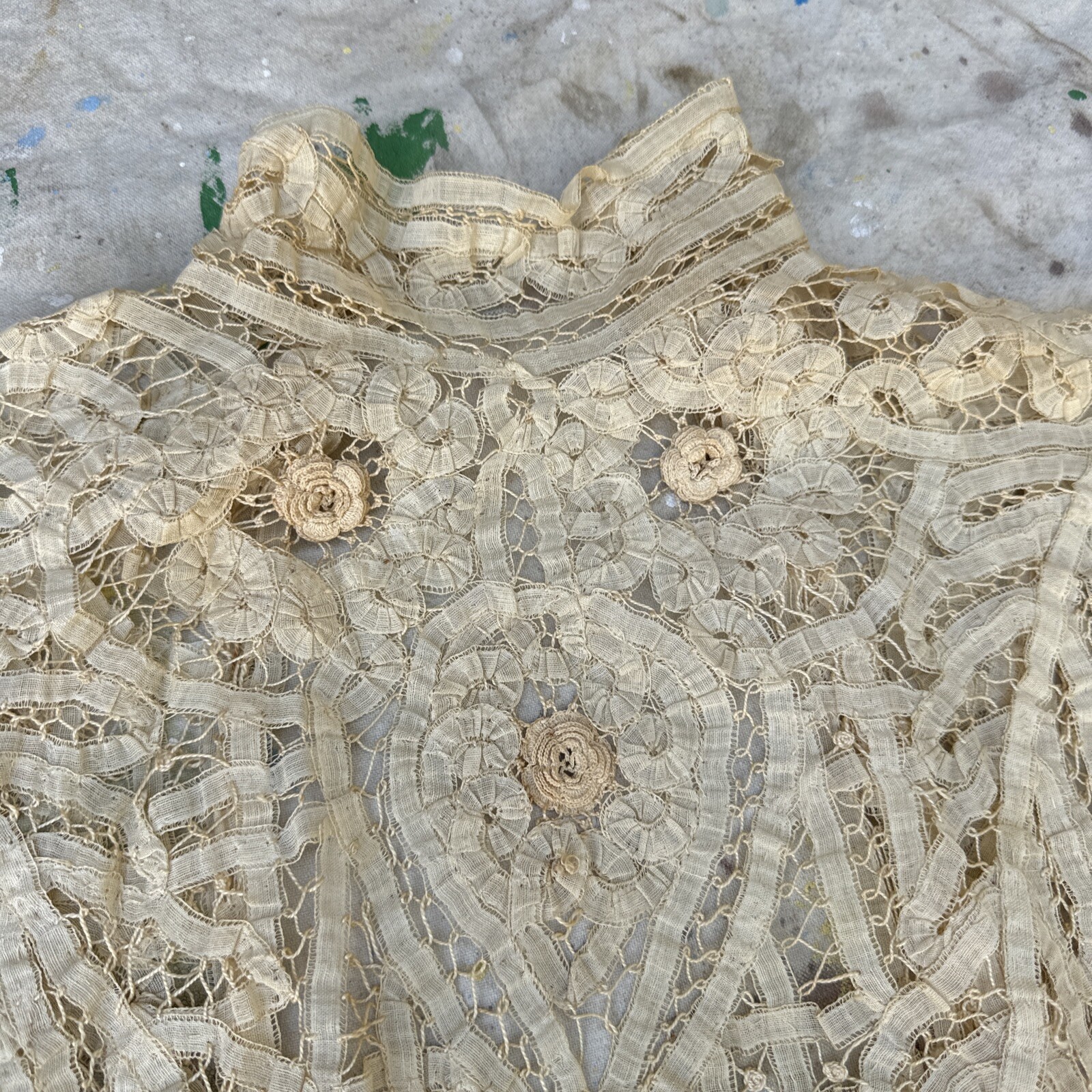 Antique Edwardian Ecru Handmade Tape Lace Leaves Dress Blouse Top Bodice Vintage