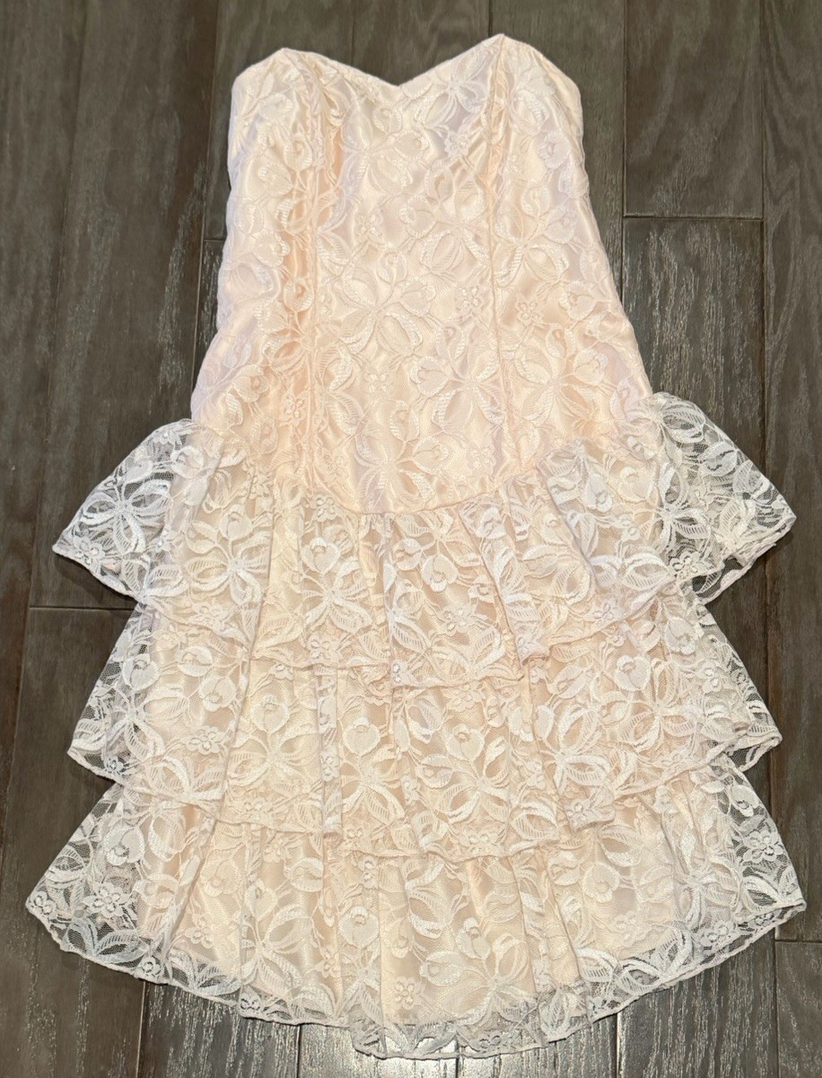 Vintage FLIRTATIONS 80s Prom Party Dress Pink Lace Ruffle Strapless S Alfred Ang