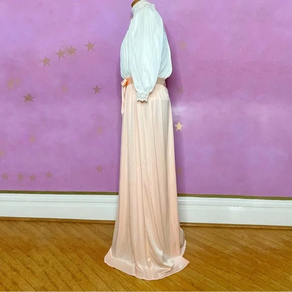 Vintage 70s Romantic Lace And Satin Peach Cream Chiffon Cottagecore Dress Small