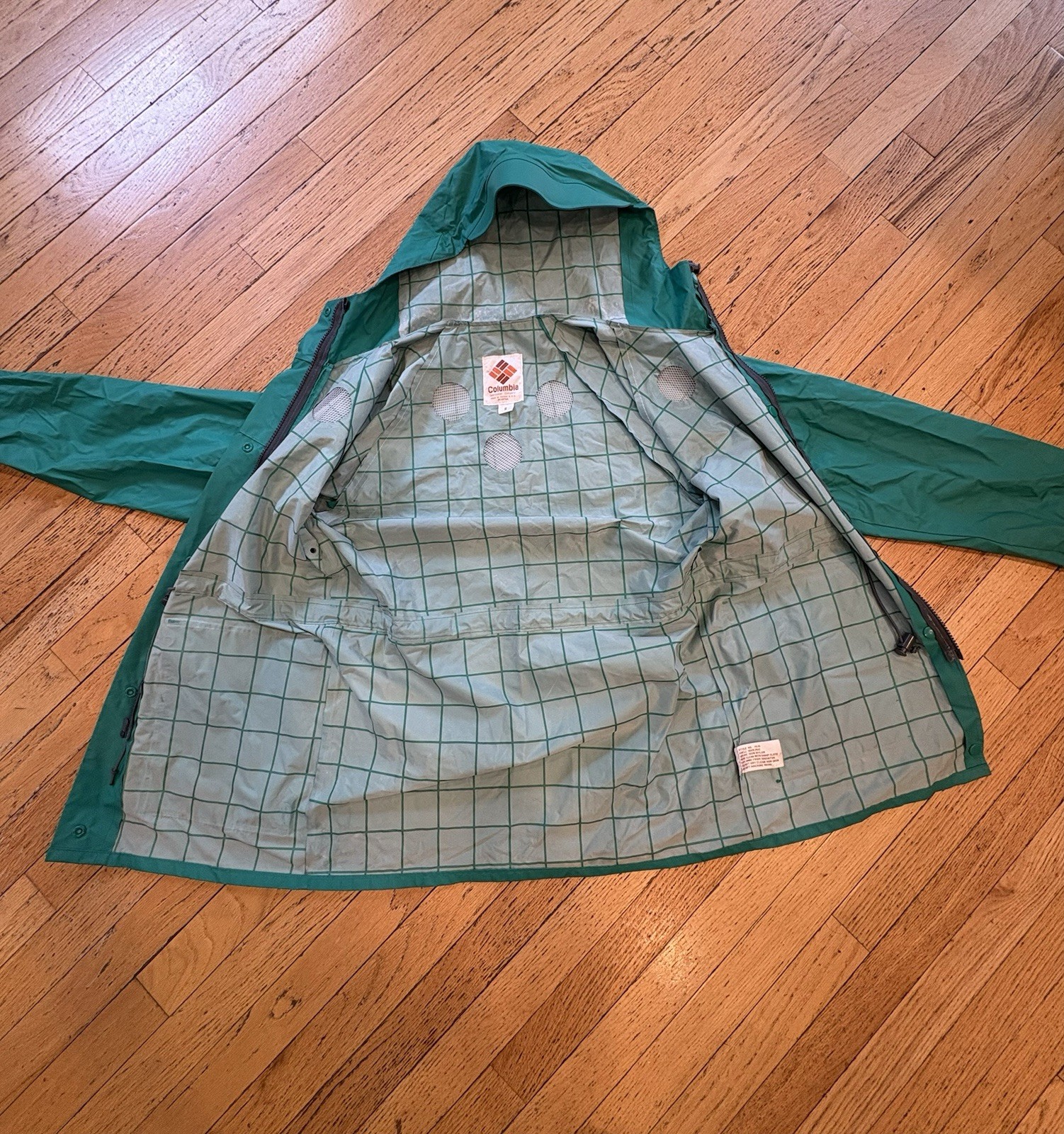 Women’s vintage Columbia Waterproof Hooded Rain Coat Teal S Mid-Length Zip/Snap