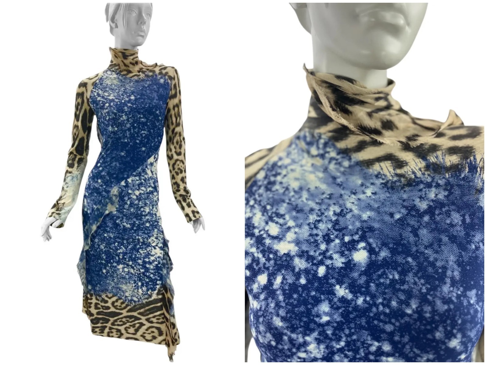 2001 Vintage Roberto Cavalli Leopard Acid Print Ruffled Silk Dress