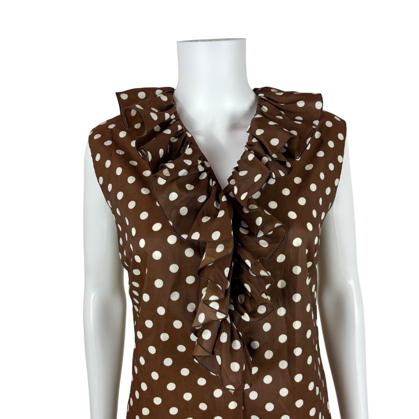 Vintage 60s Polka Dot Dress Womens Large Brown White Ruffle Collar Shift