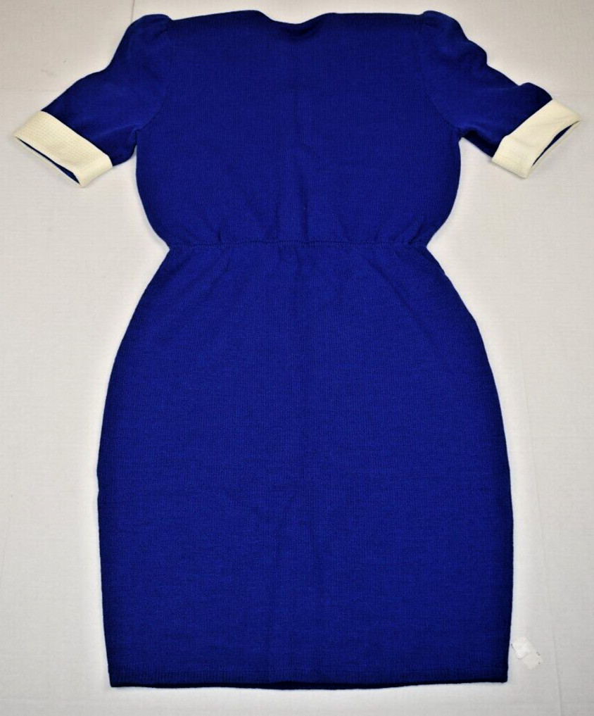 Vintage St John Knit Royal Blue Midi Dress S/M 80s White Buttons Fitted Waist