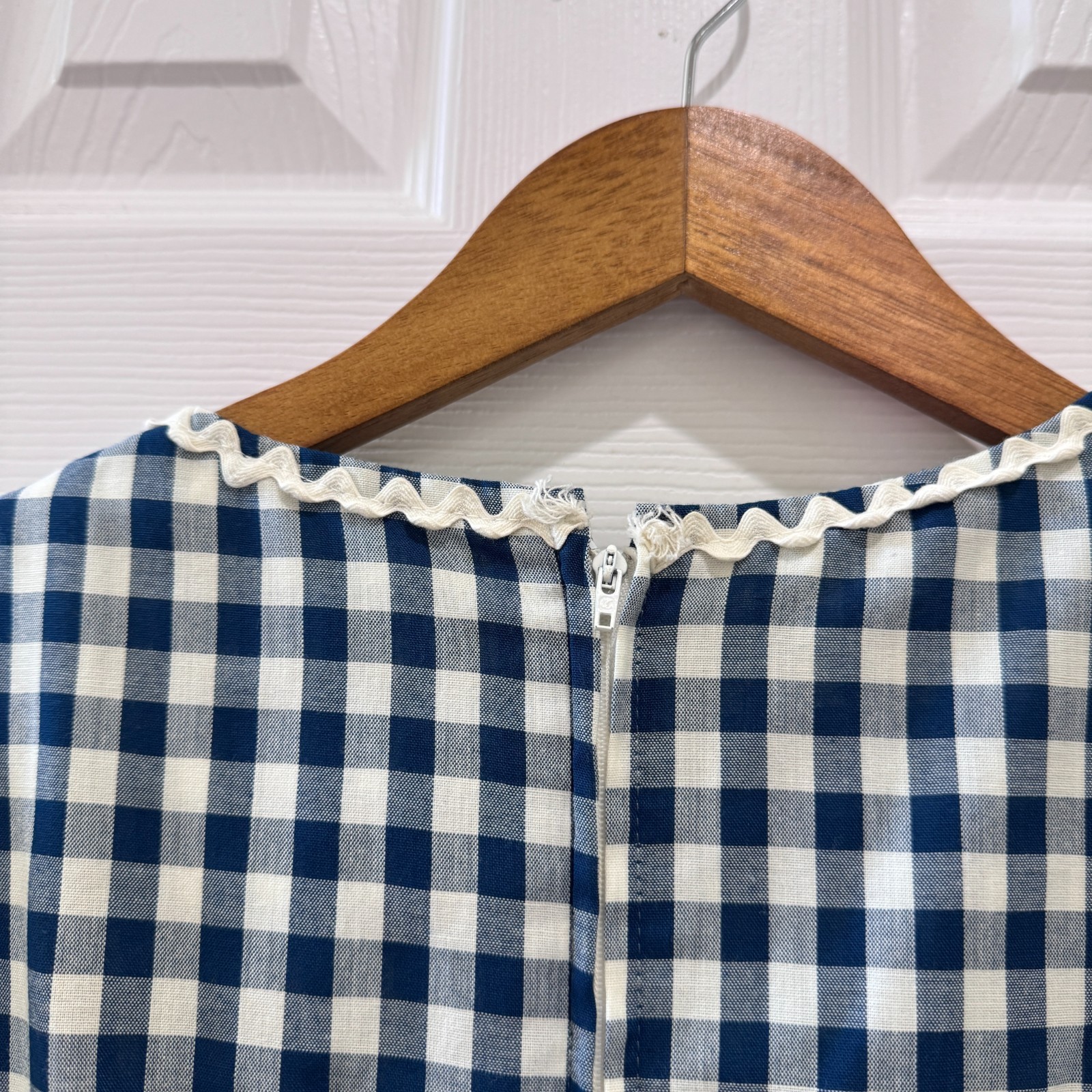 Vintage Handmade Blue White Gingham Prairie Maxi Dress Puff Sleeve XS 70s Style
