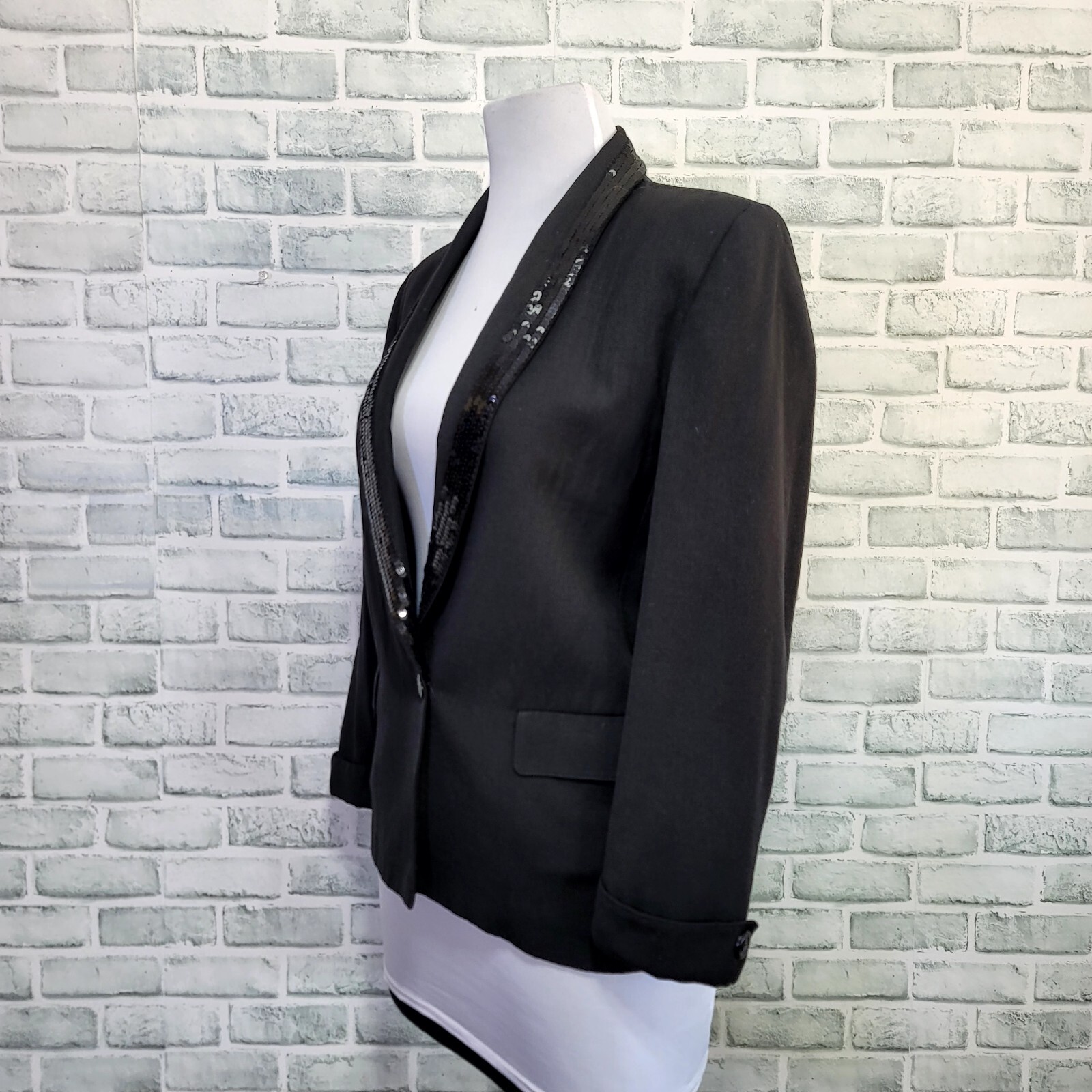 Vintage 70s Ted Lapidus Diffusion Womens 42 Black Sequin Collar Blazer 1 Button
