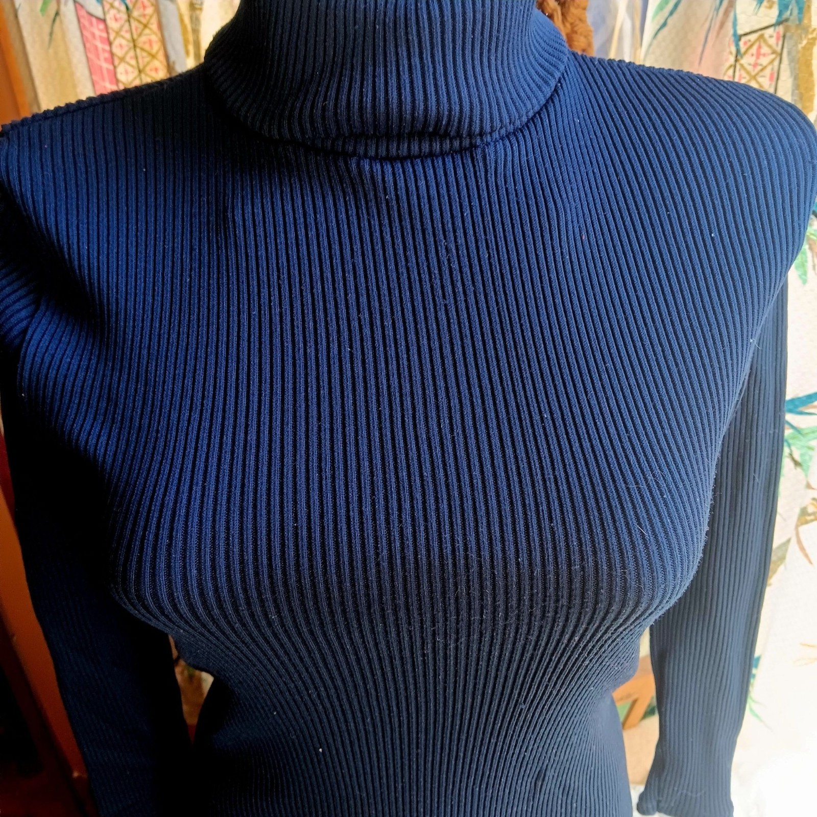 Small Vintage Ribbed Turtleneck Sweater 1970’s Navy Blue Back Zipper Boho Disco