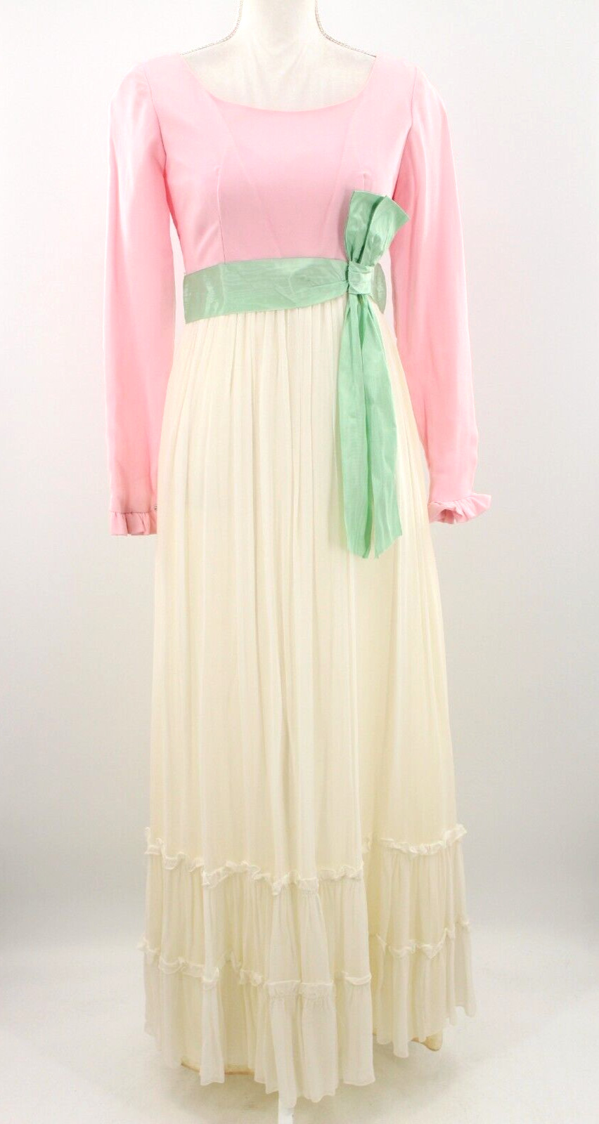 Vtg Women’s 60s Pink & Cream Maxi Dress W/ Green Ribbon Belt 1960s Sz S/M