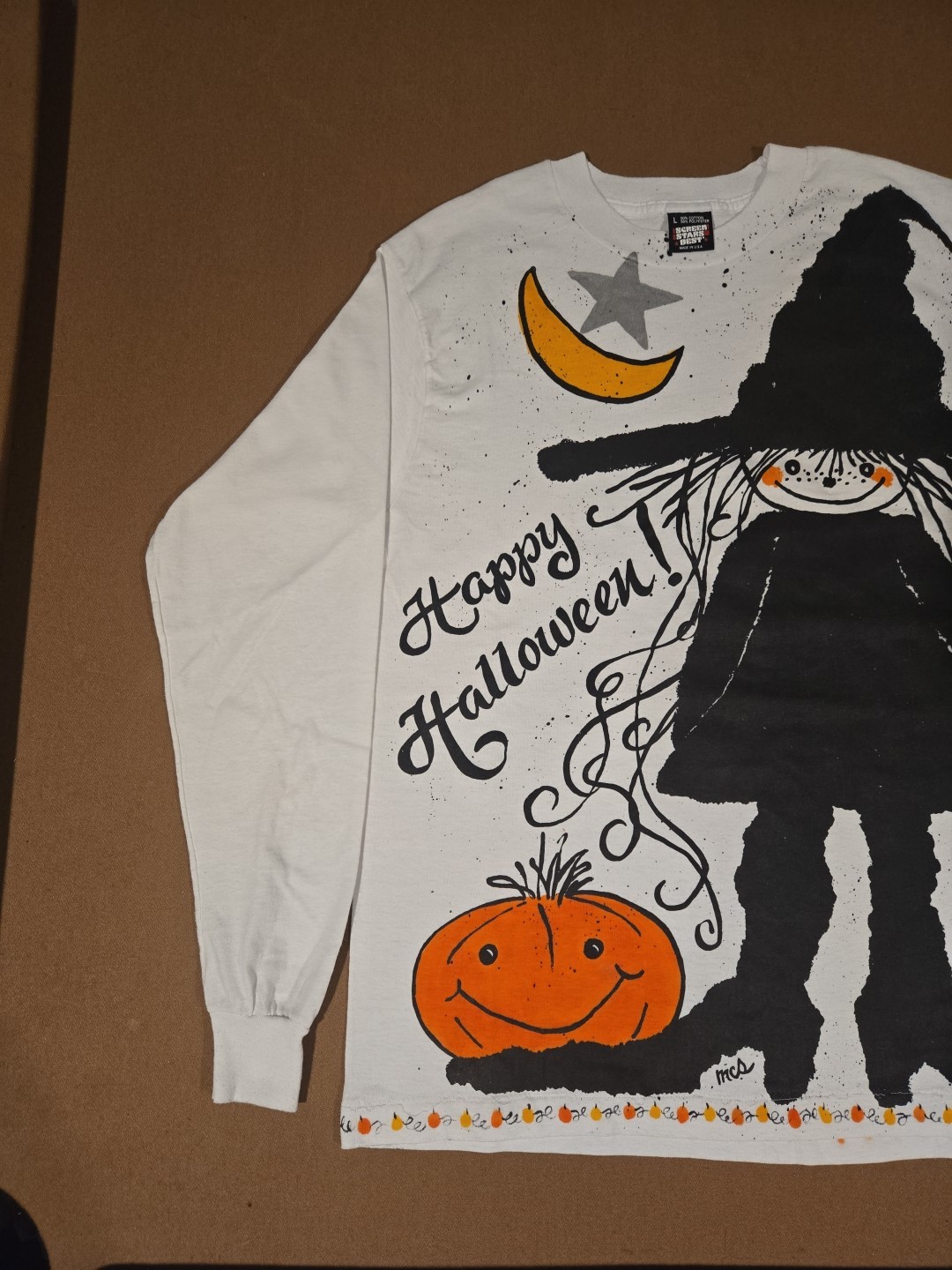 Vintage 90s Happy Halloween AOP Witch Trick Or Treat Pumpkin T-Shirt Size Large