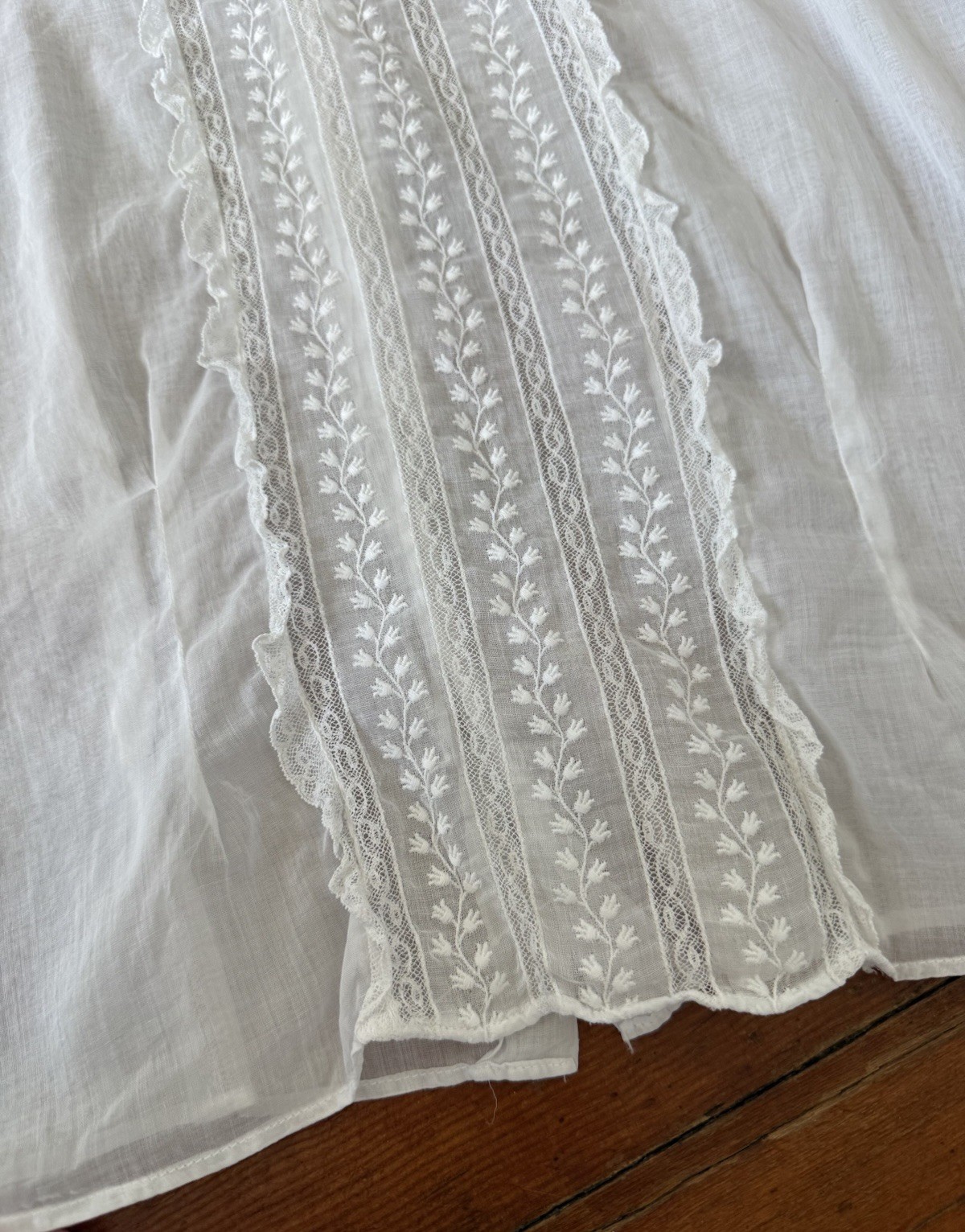 Antique Edwardian 1910s Sheer While Cotton Voile Blouse Embroidered Lace Panels