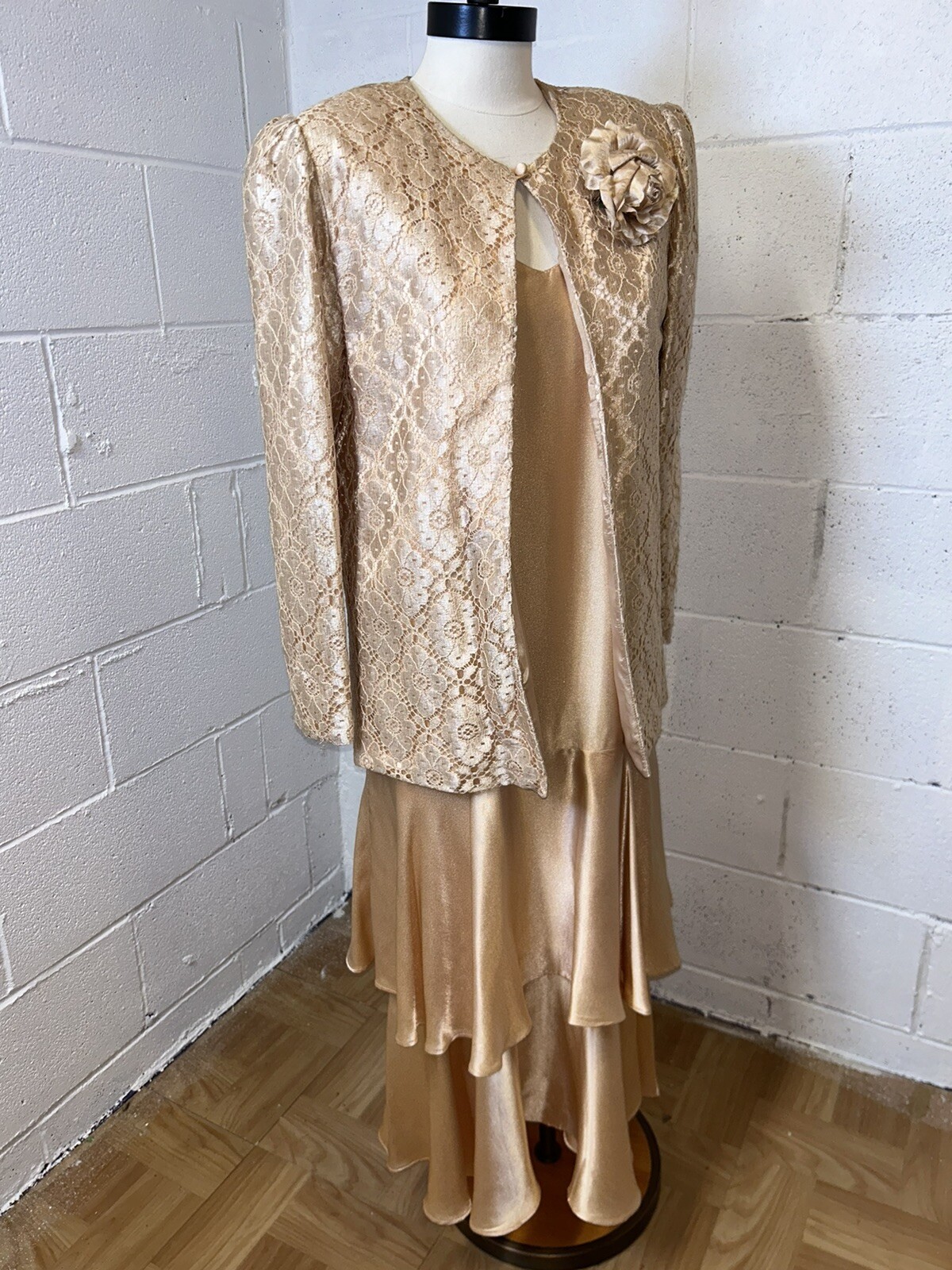 VTG Samuel Scott 2 piece Slip Dress Lace Jacket Peach Pink Holiday Gown NWT E4