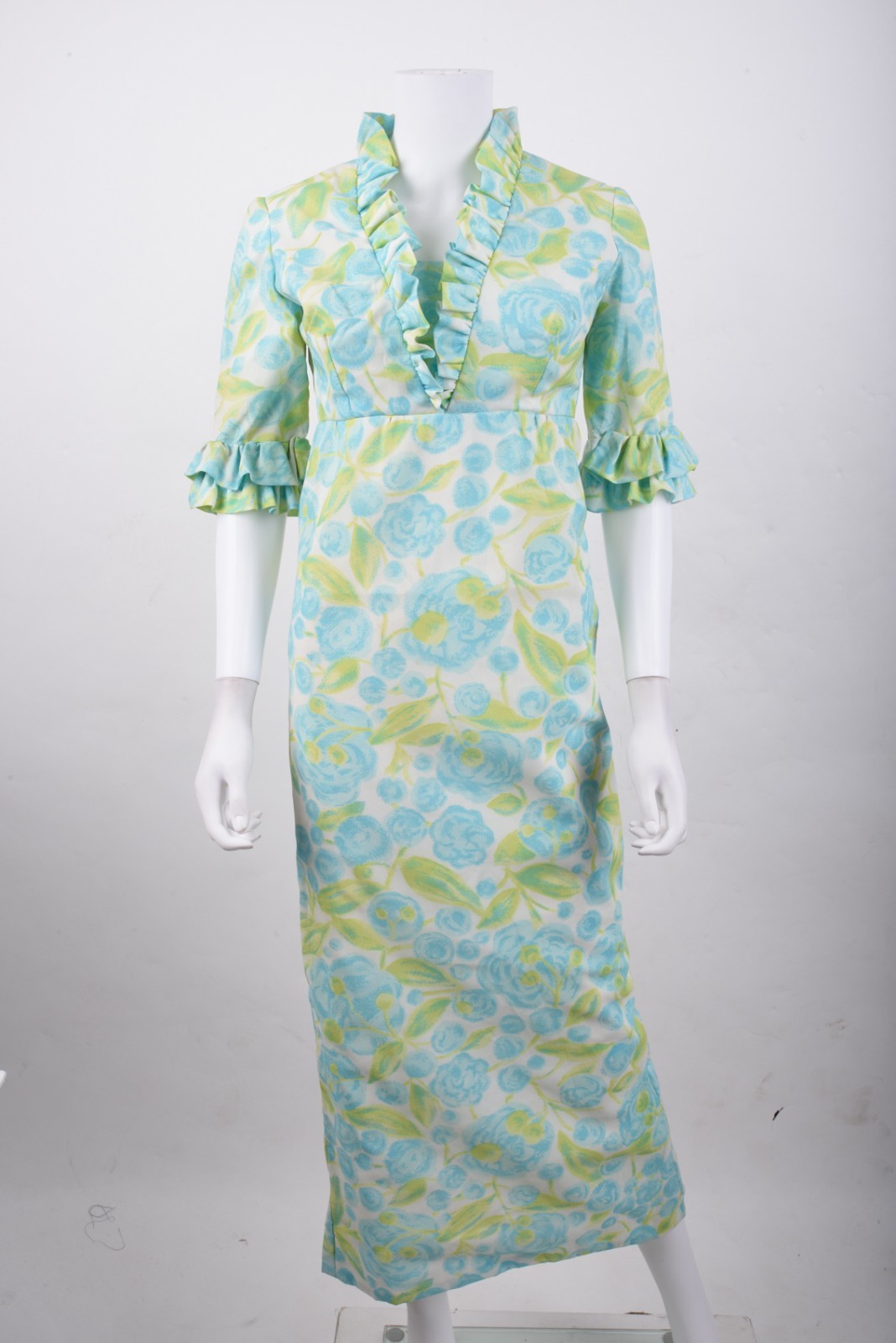 Vintage Womans Gown Midi Dress S Aqua Green Floral Empire Waist Ruffle Hawaiian