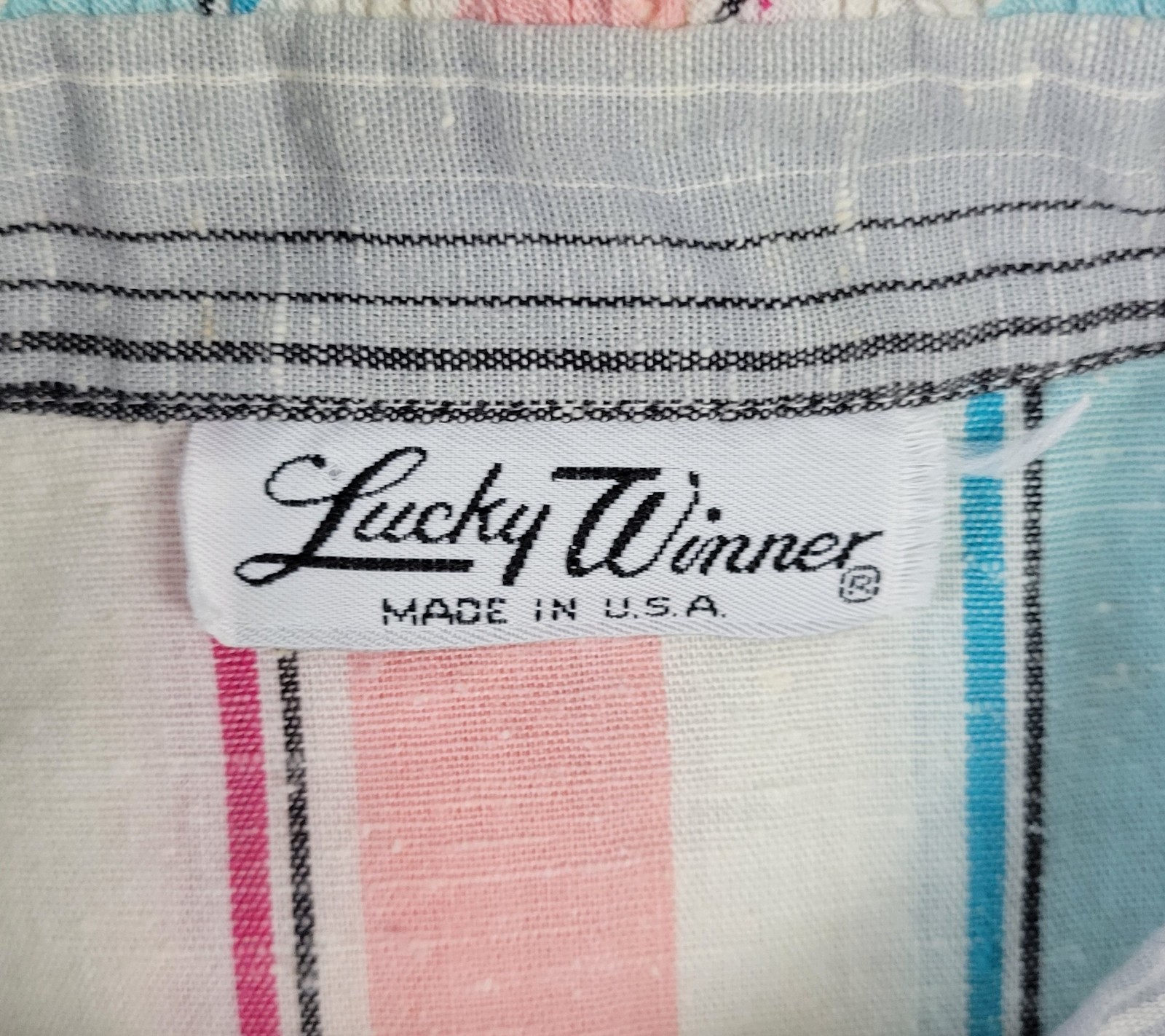 Vtg Lucky Winner White/Blue/Pink/Grey Striped S/S Top w Ruffled Collar Size M?