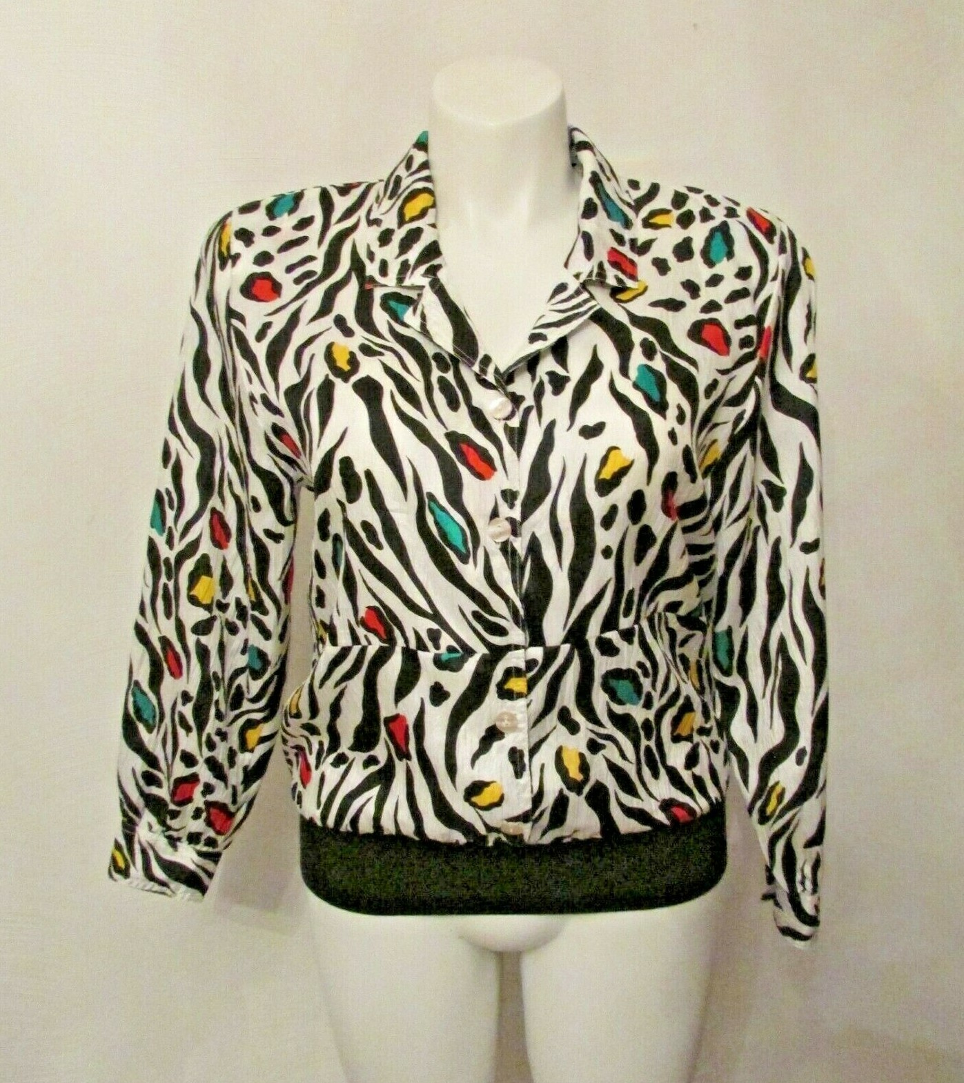 Leslie Fay Separates Multicolor Zebra Print Button Up L/S Top Blouson Blouse M