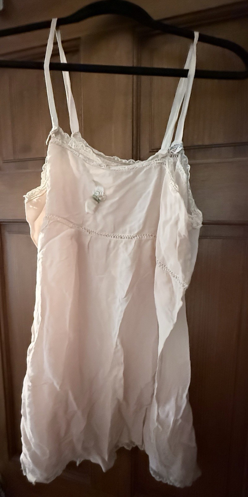 1920’s Pink Silk Teddy Step-in Antique Vintage lingerie Rosette & Net Lace Trim