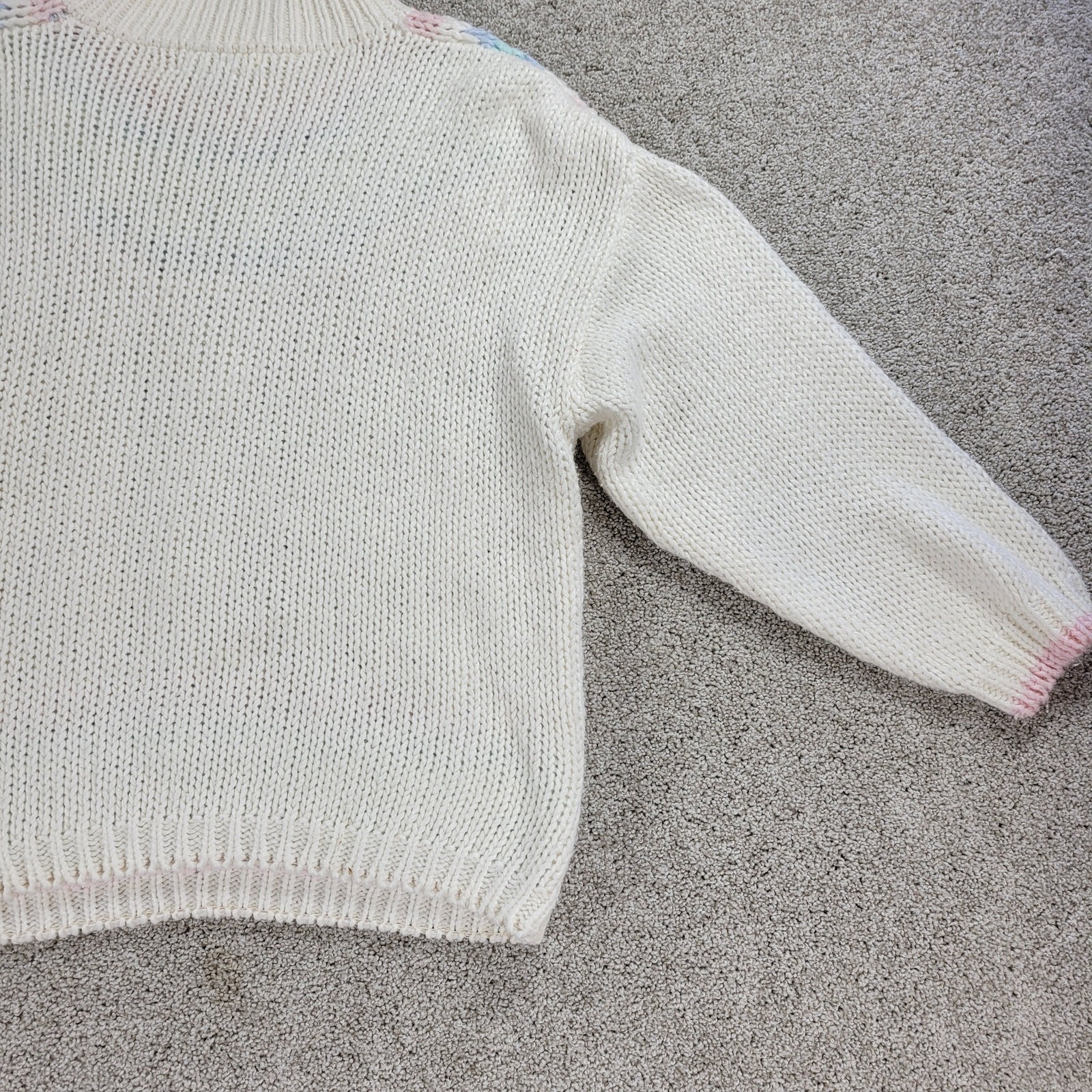 VTG Jamie Scott Sweater Womens L Cream Hand Knit Pastel Ramie Mock Neck 80s