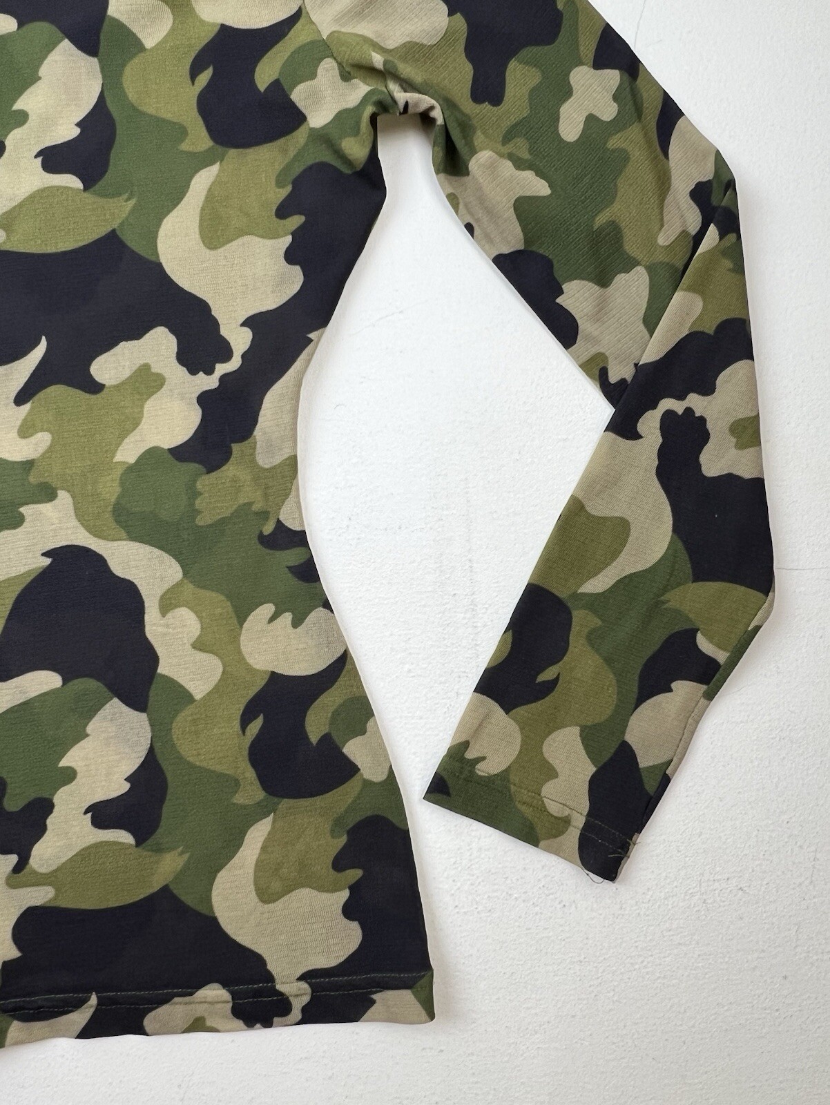 Vtg 90s Y2K Express Tricot Green Camo Mesh Top Grunge Hip Hop Fitted Jrs Sz M
