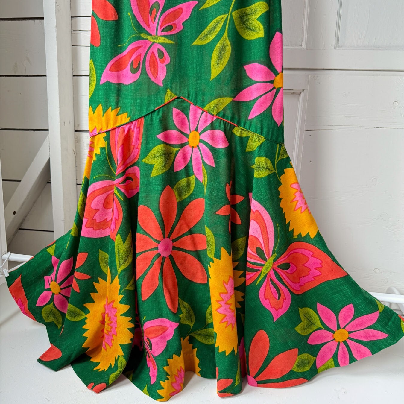 Vintage 70s Sydney Honolulu Green Butterfly Flower Print Mermaid Maxi Dress Sz S