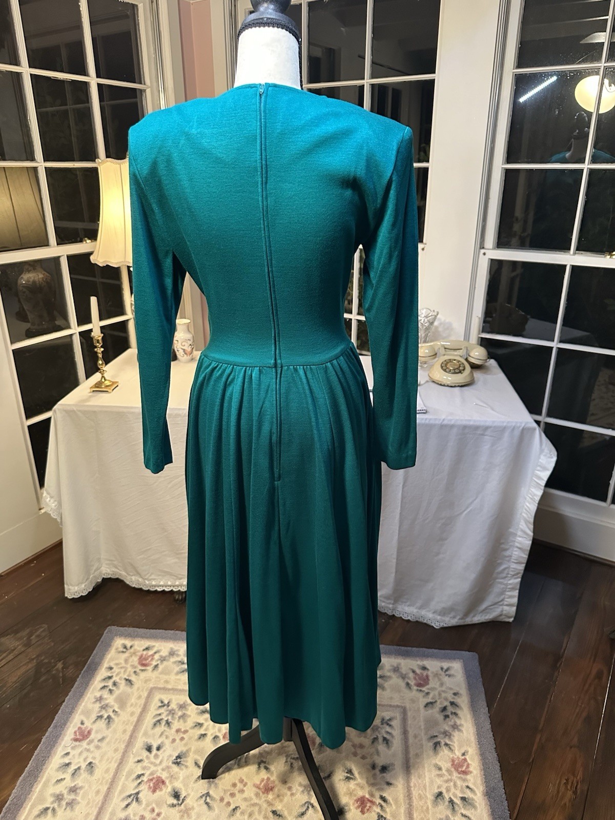 Vintage 80s Long Sleeve Green Dress Elegant Waist Pockets Fit To Flare Rodeo