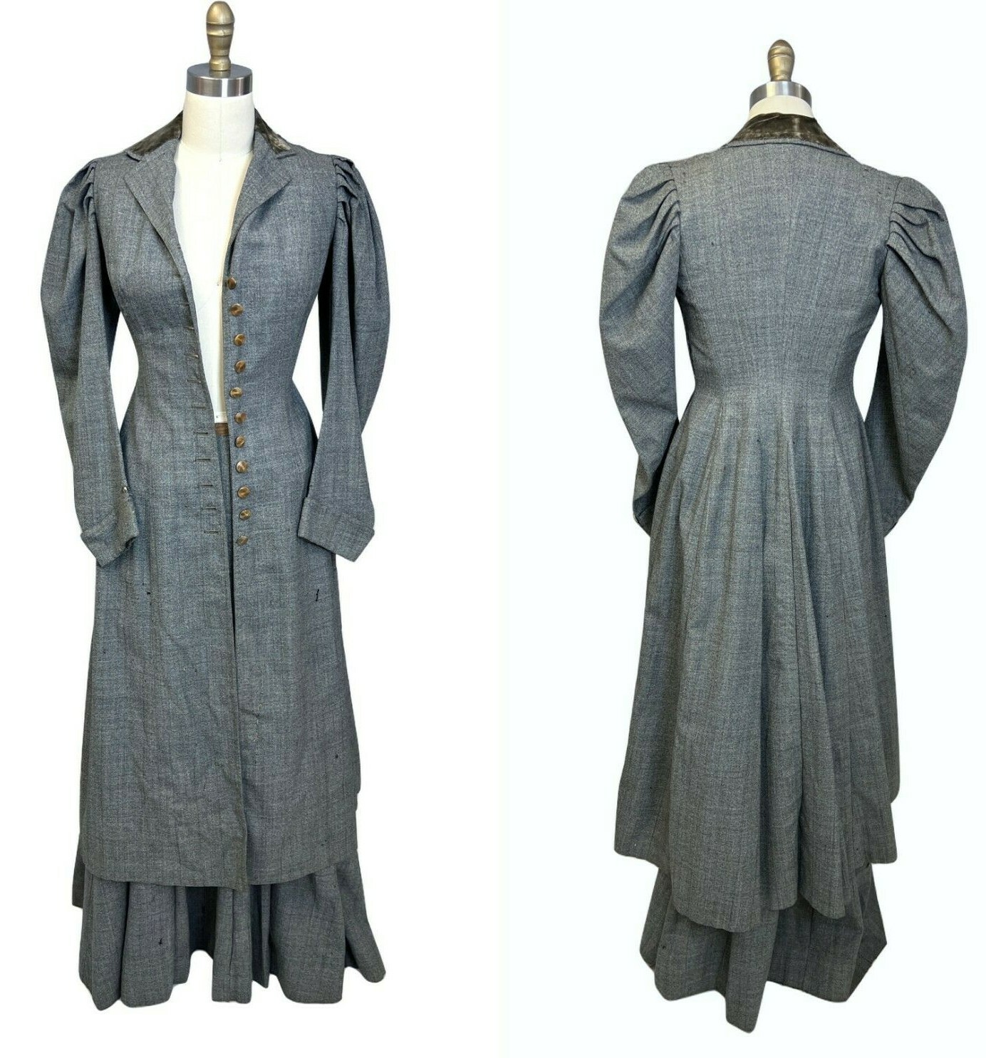 1890s VTG Victorian Tailored Walking Suit Gray Silk Satin Puff Sleeve Jacket Ski