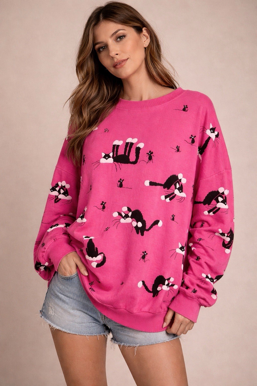 VTG 80s Kitty Cat Mouse Hot Pink Oversized Sweater AOP Lifestyles