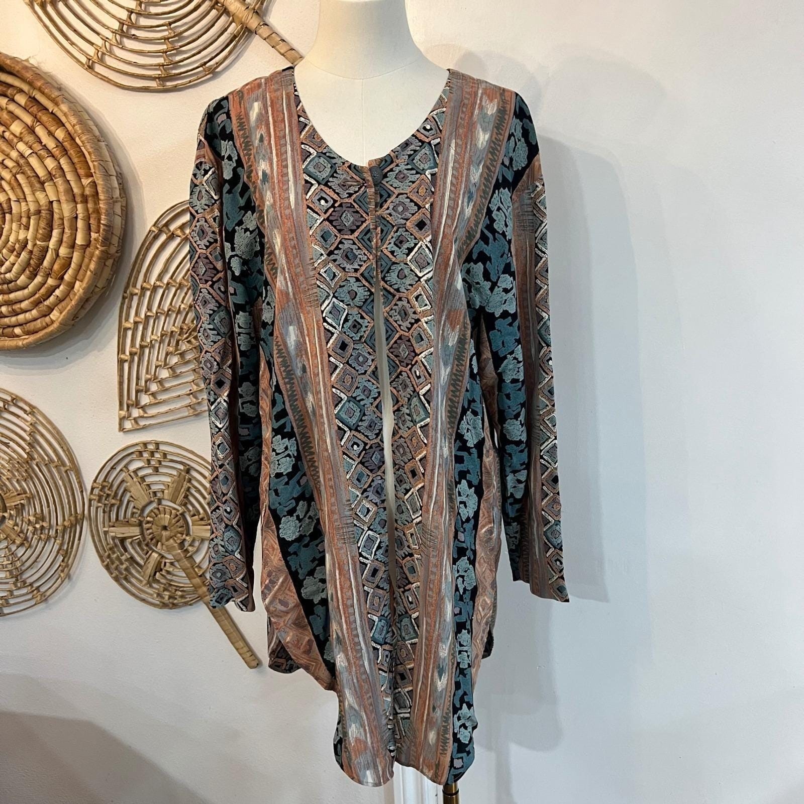 Vintage Rialto California Ethnic Print Longline Blouse Western Boho Large