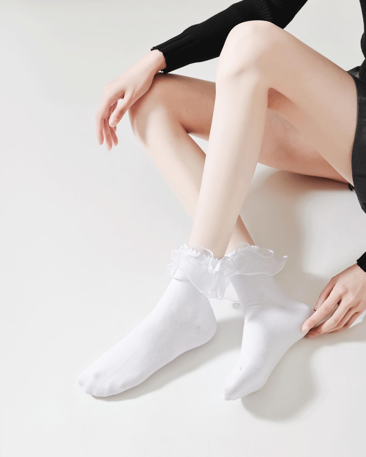 YASIDI Lace Ruffle Frilly Socks for Women, Ankle 5-9, White-3 Pairs
