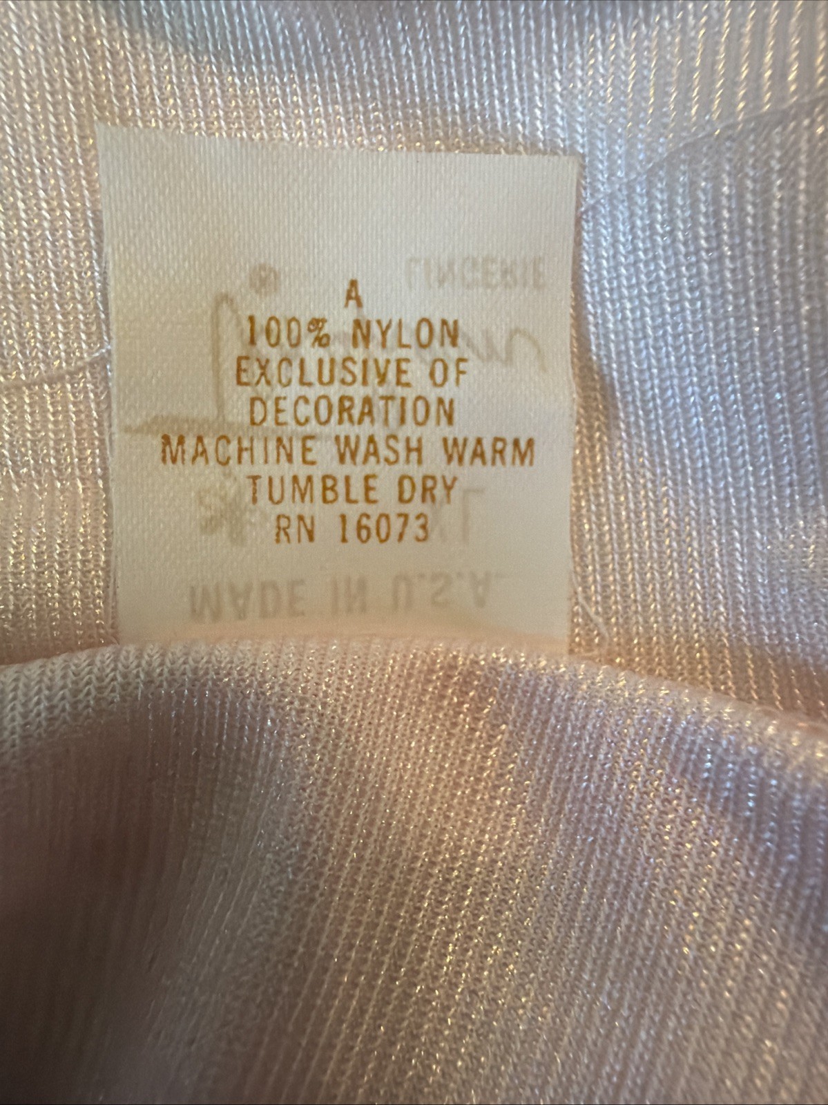 Vintage blush pink nylon nightgown-delicate white lace bodice – Made In USA – XL