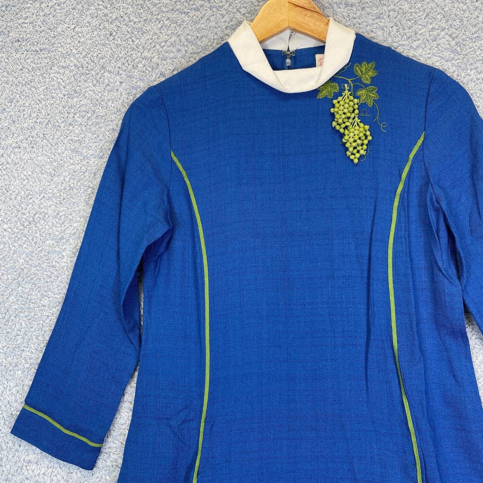 Vintage 1960s Ruth of Carolina Cobalt Mod Dress Embroidered Grapes A-Line XS
