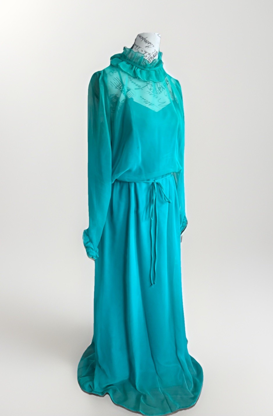 Vintage 70s House Of Bianchi Sheer Chiffon Teal Prairie Cottage Fairy Maxi Dress