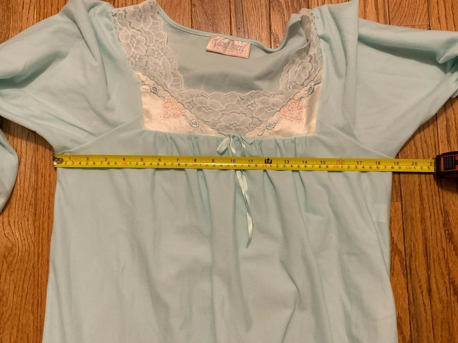 Vtg Vandemere Womens Long Nightgown M Blue Embroidered Flowers Medium Lace Bow