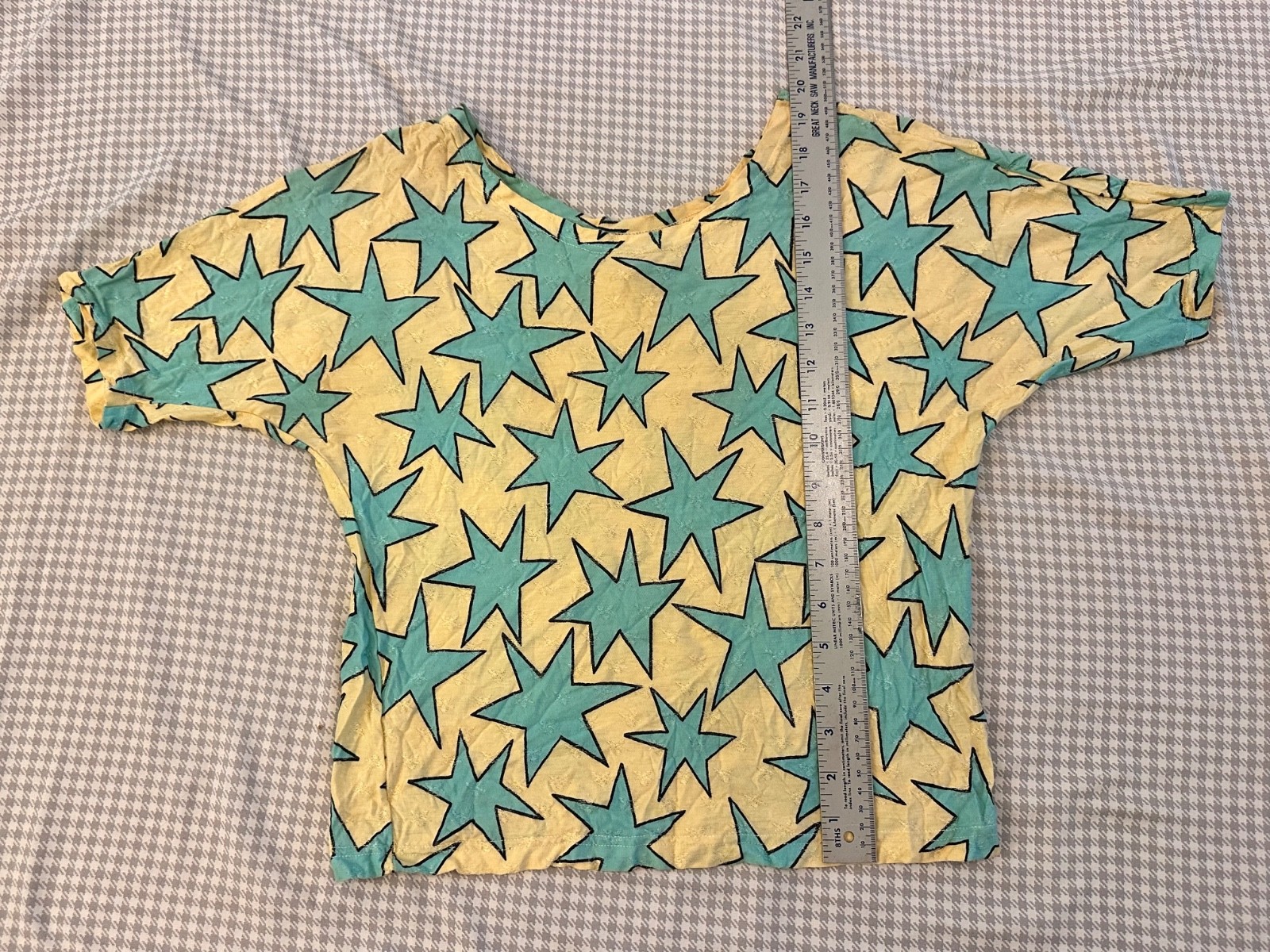 VTG 80s/90s Esprit Teal Starburst Pattern Scoop Neck Shirt Womens Size S