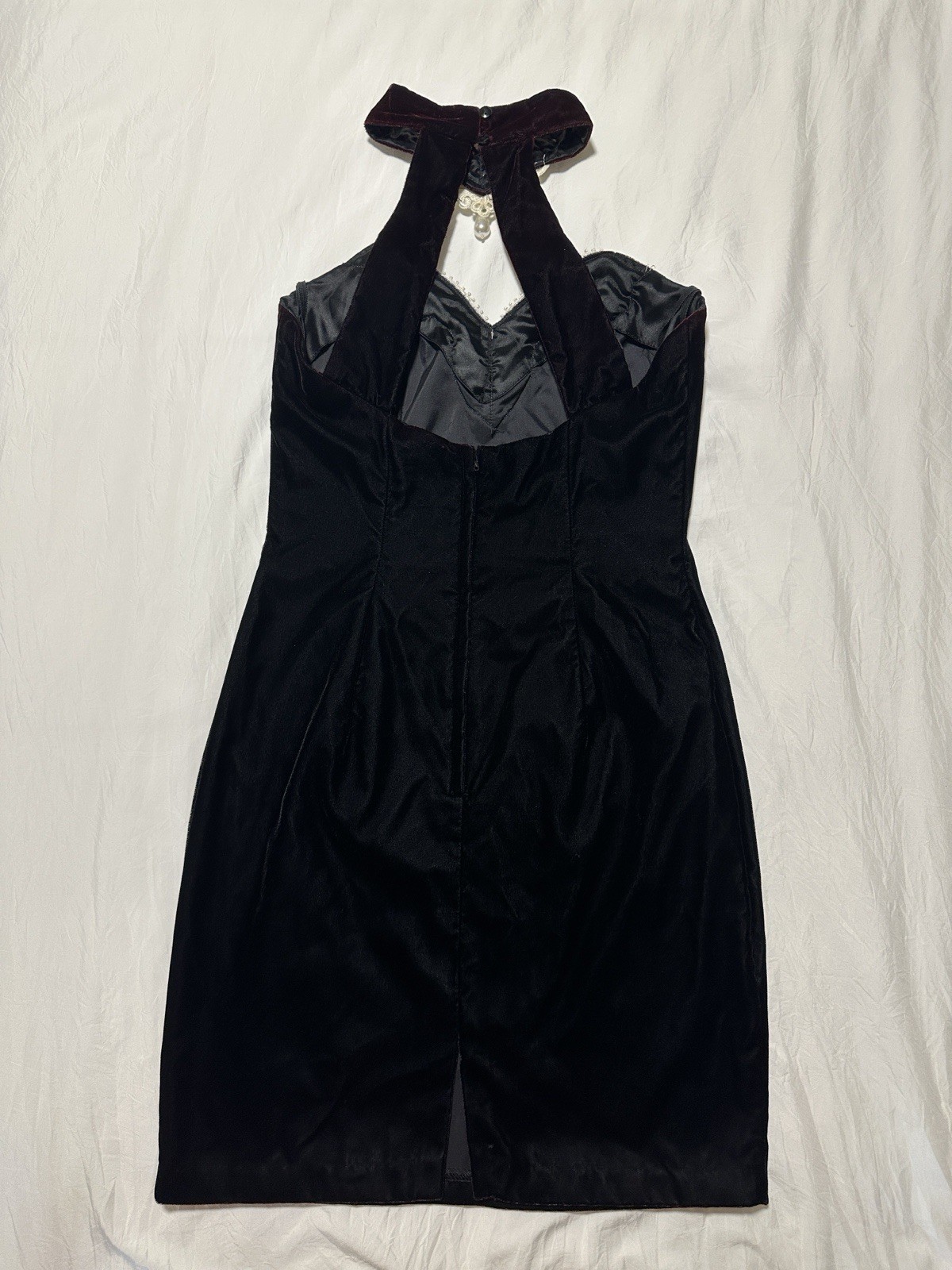 Vintage 90s Jessica McClintock Black Velvet Halter Dress Pearl Choker – 9/10
