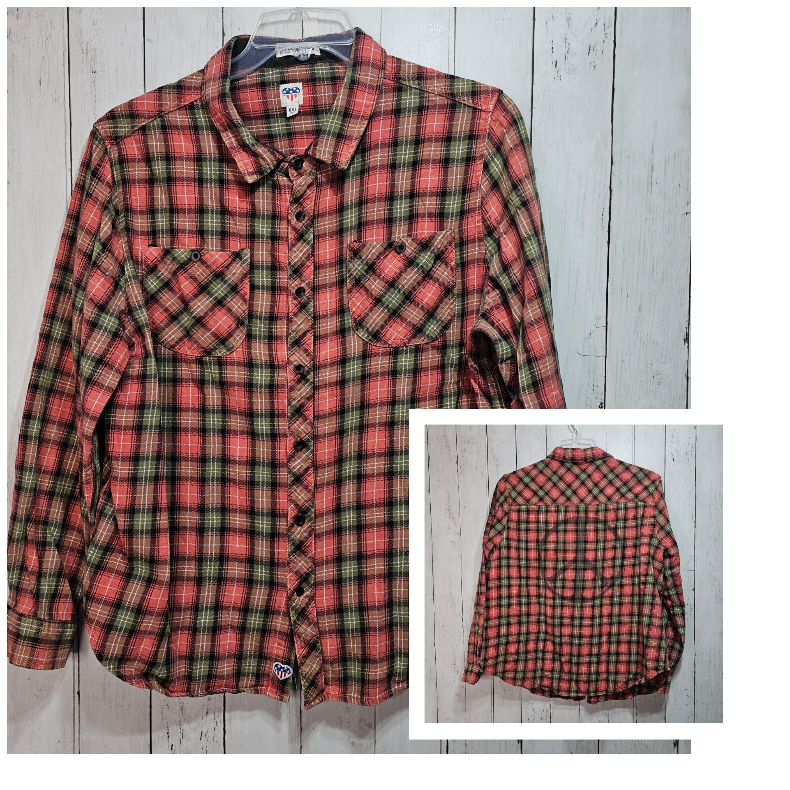 Junkfood Women’s Vintage Multicolor Plaid Flannel Shirt 90s Peace Sign Size XXL