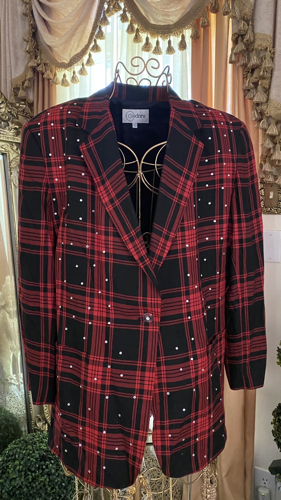 VTG Cedars Red/Black Rhinestone Plaid 80s Women’s Blazer Suit Jacket USA L