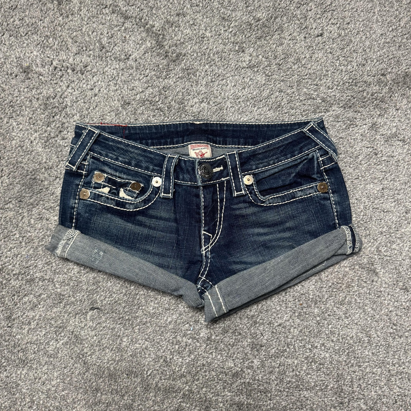 True Religion Denim Shorts Womens 27 Blue Rolled Cuff Embroidered Pockets Casual
