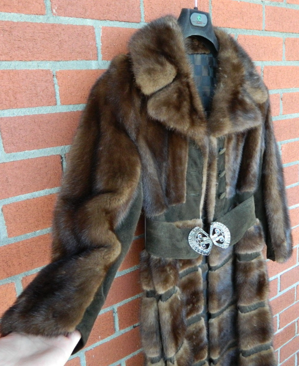 Vintage Real Mink Fur & Suede Metal Belted Coat Mod Paneled Design AS IS Medium