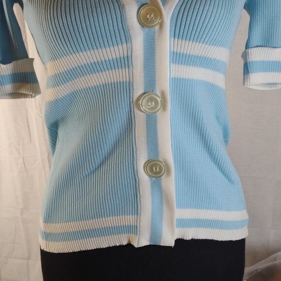 Vintage 70’s Light Blue w/White Stripes Short Sleeve Cardigan w/ Faux Tank – M