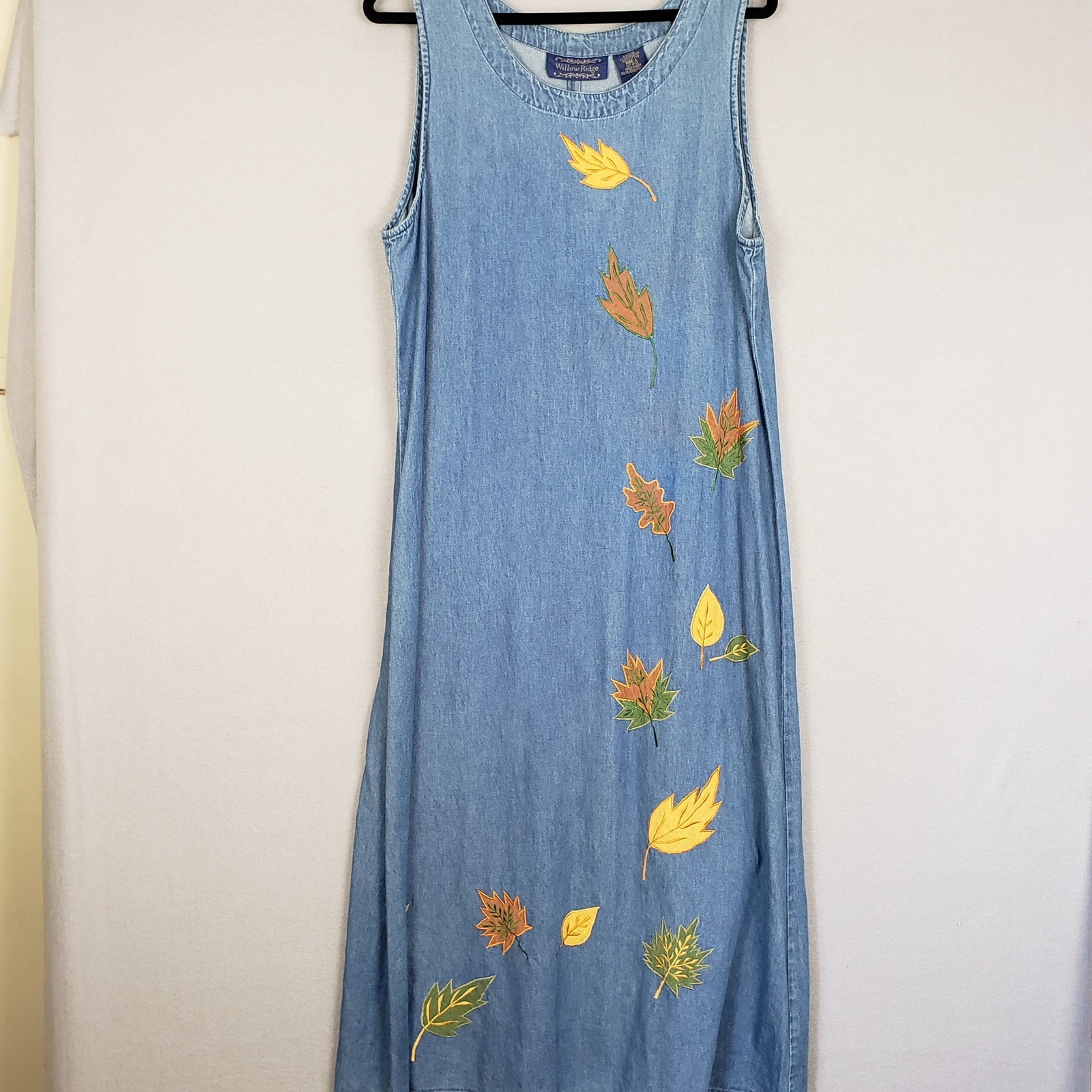 Vintage Willow Ridge Denim Jumper Dress Leaf Print Cottagecore Trad Wife Size L
