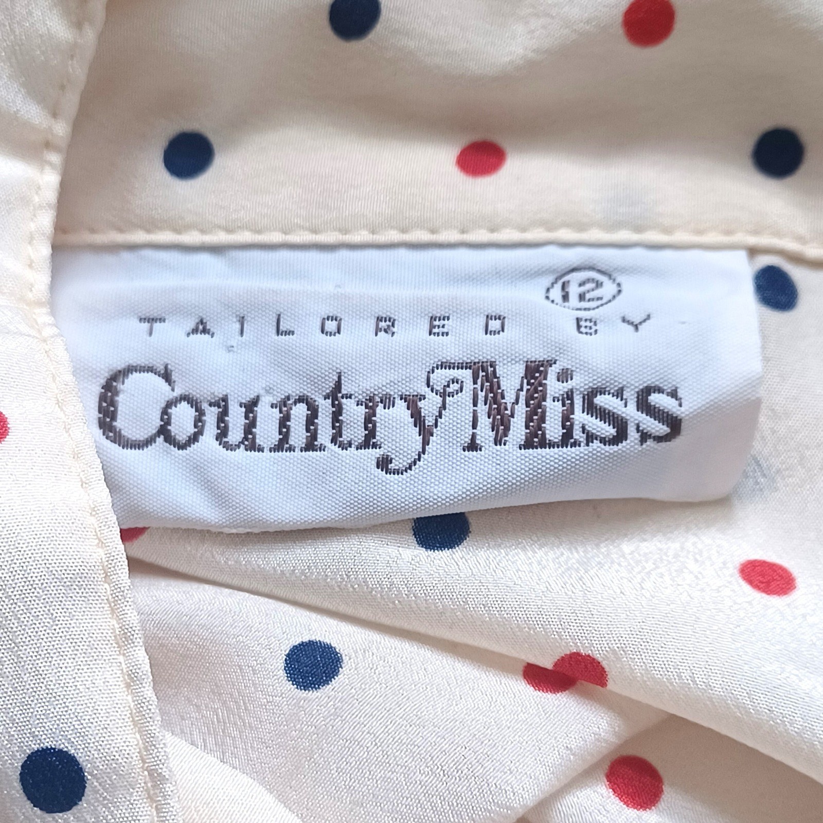Country Miss Shirt Dress Women 12 Cream Polka Dot Tie Neck Vintage 70s Secretary
