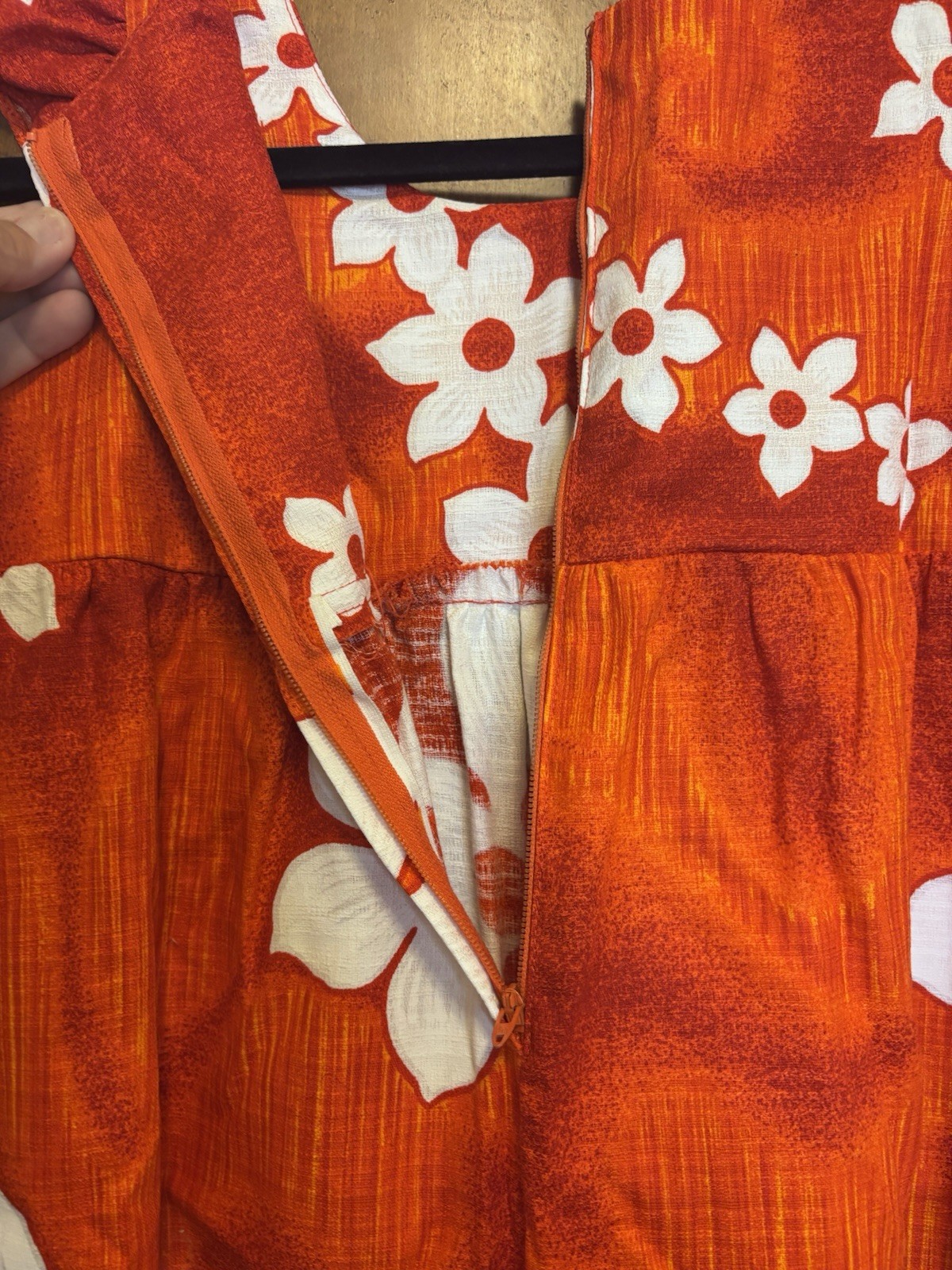 Vintage 70s Girls 12 Hawaiian Orange White Floral Maxi Dress Ruffle Sleeves