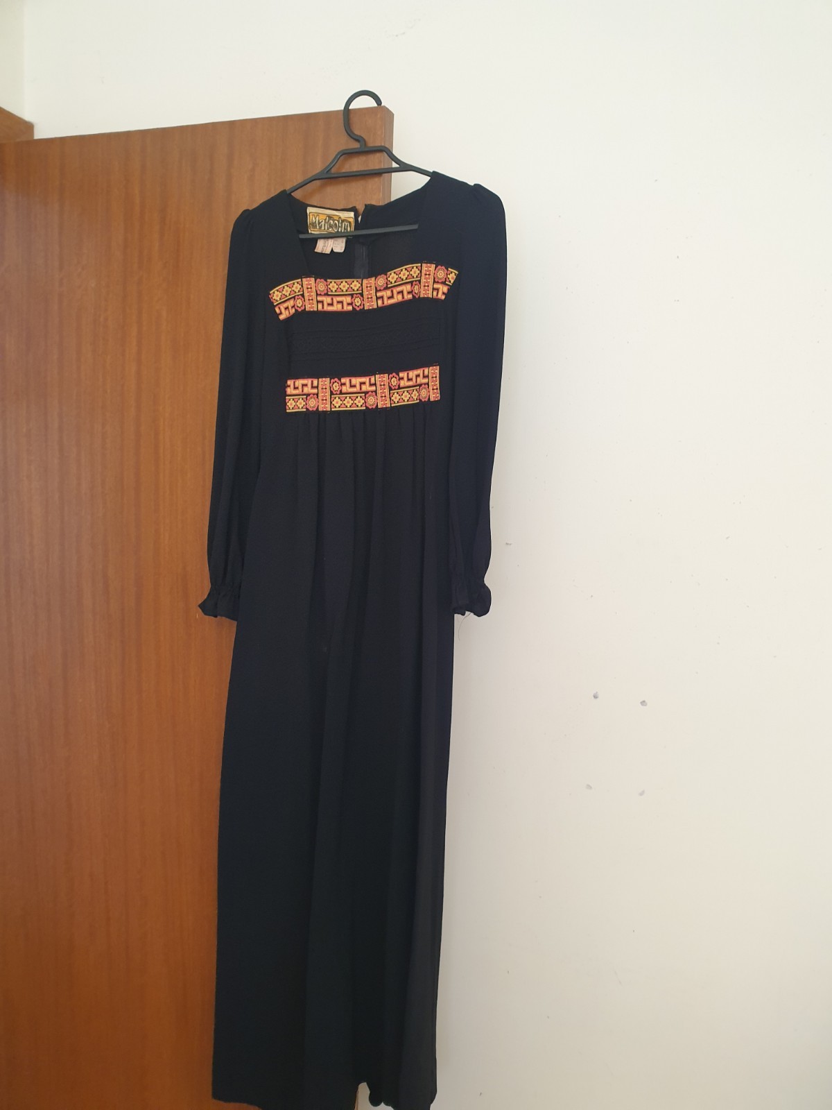 Malcolm Vintage Maxi Dress – Black Bodice 70’s style Groove, embroidery.