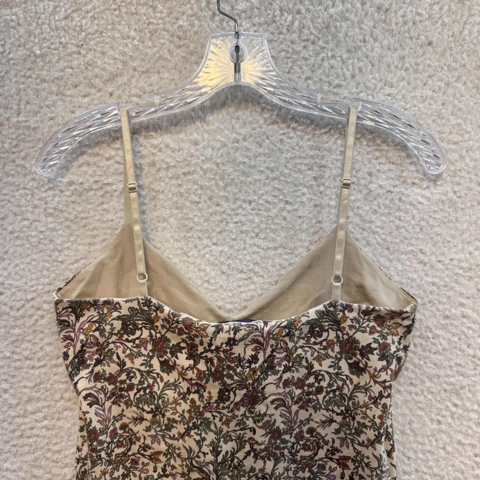 Y2K Vintage Camisole Tank Top Medium Beige Floral Boho Fairy Grunge Shelf Bra