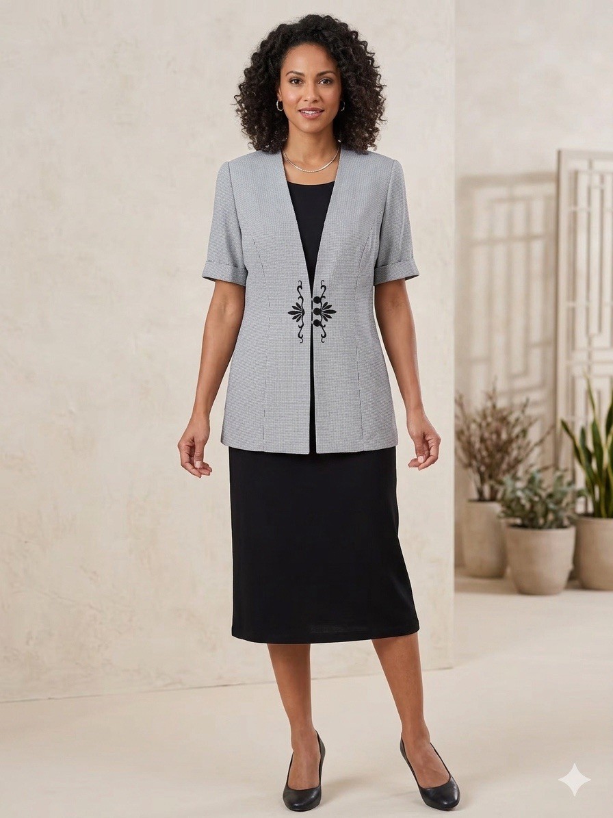 Vtg 90s Michael Blake Jacket Dress Set Black White Micro Check Embroidered Sz 12