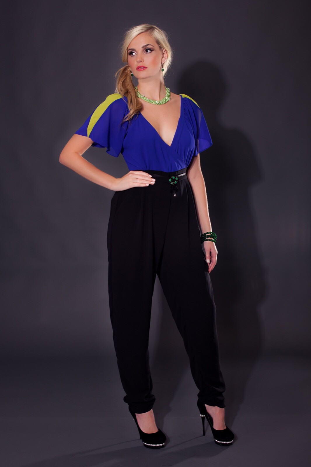 BUTTERFLY SLEEVE ONE PIECE RETRO BLUE GREEN AND BLACK CHIFFON JUMPSUIT
