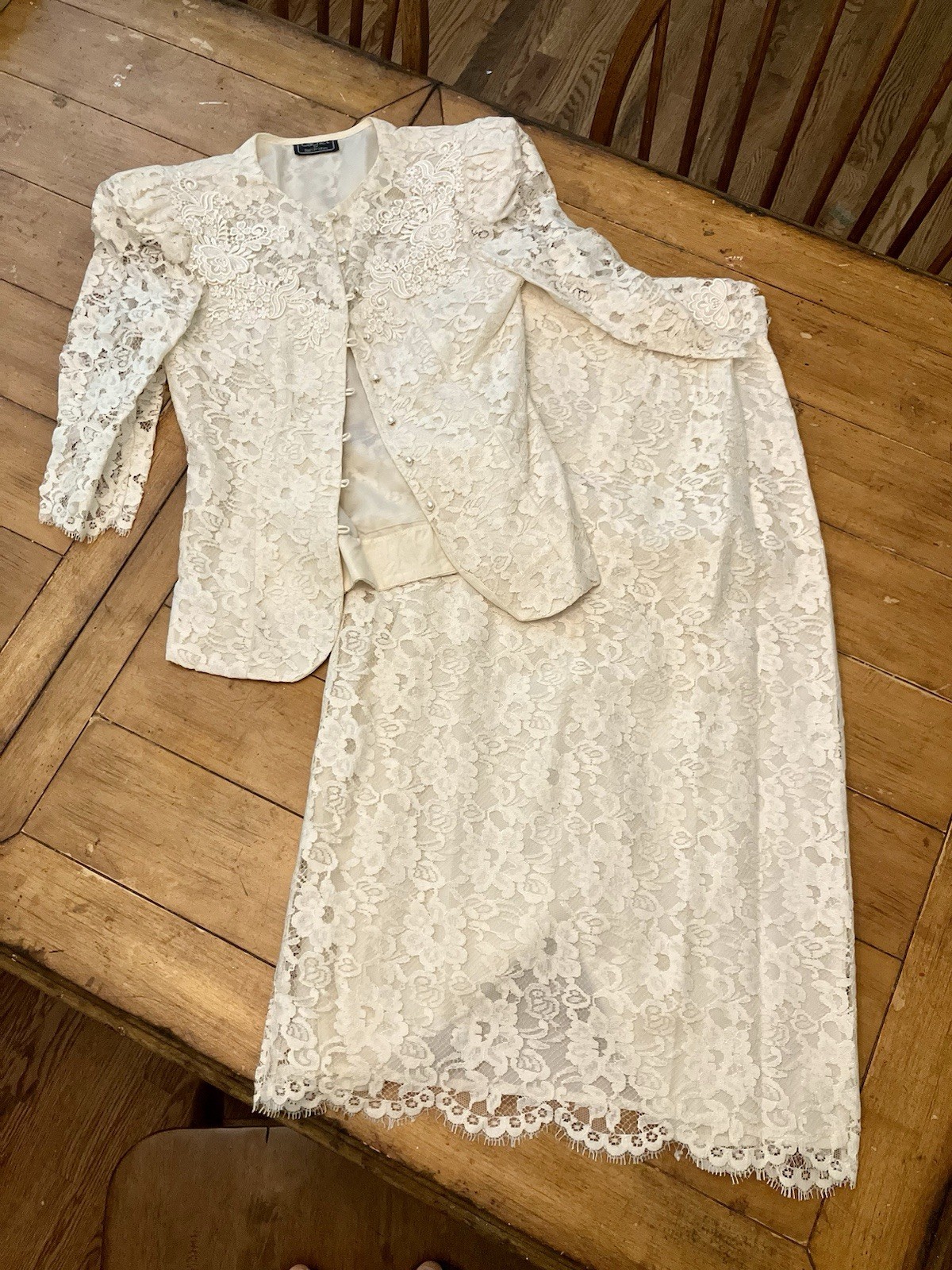 Vintage Cachet Floral Lace Victorian Top jacket Skirt Dress Suit Set Ivory Small