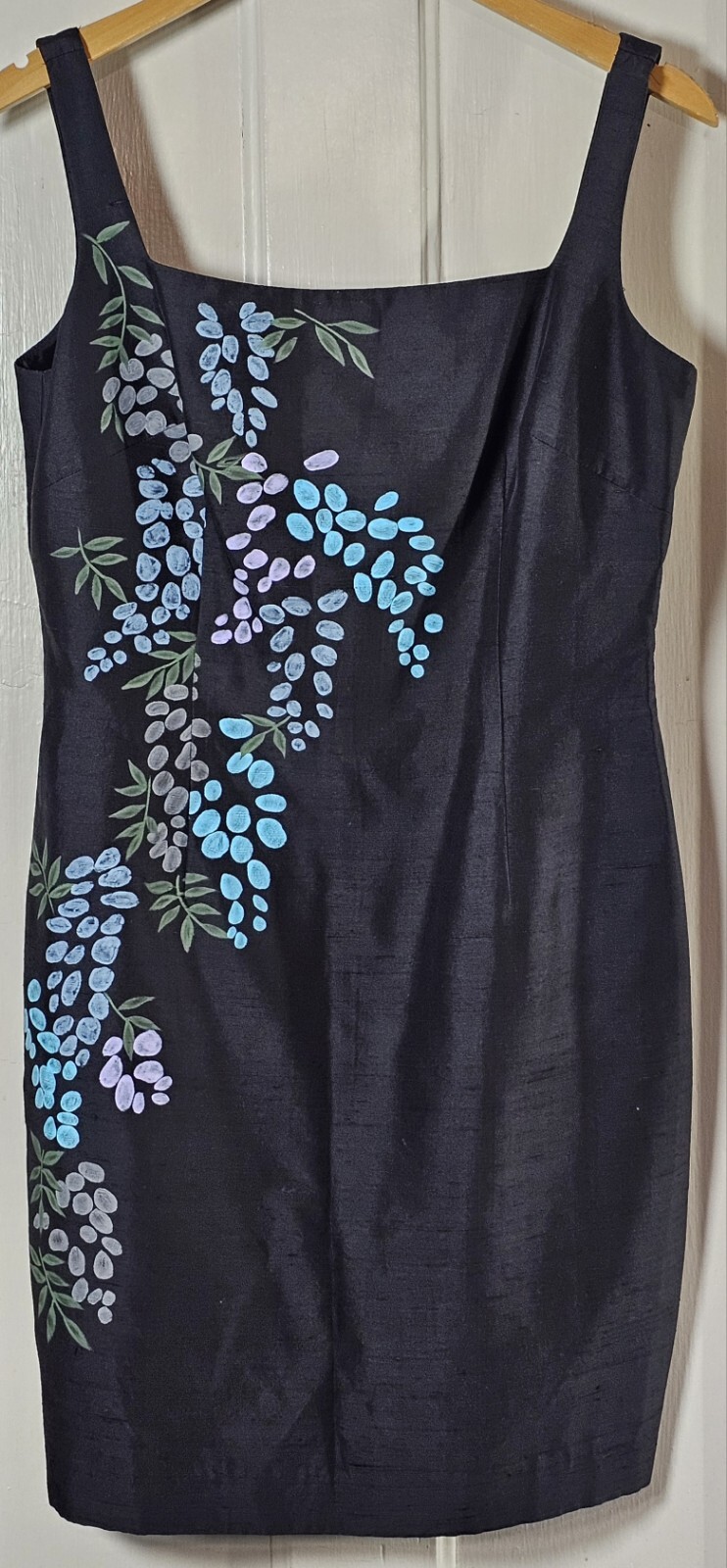 VTG 90’s Dress LAUNDRY Shelli Segal 10 Black Floral Hand Painted Shantung Silk