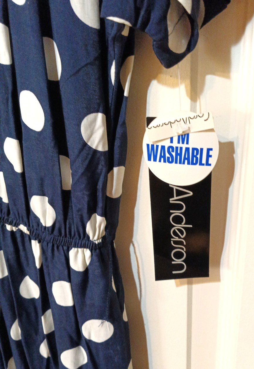 New 14 fit 10 vintage 80s NAVY BLUE white polka dot Midi SHIRT DRESS pockets NWT
