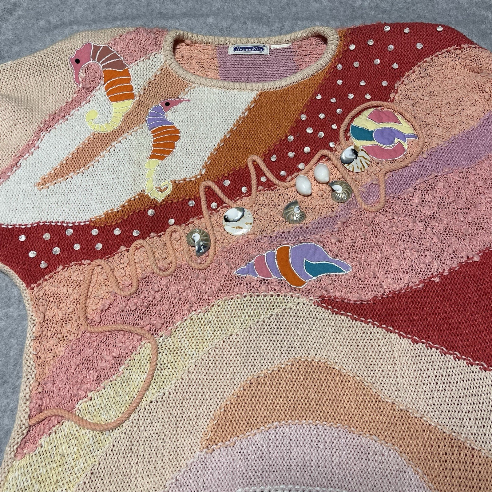 VTG Women’s Mariea Kim Sweater Seashells Seahorse Beach Summer Embroidered READ